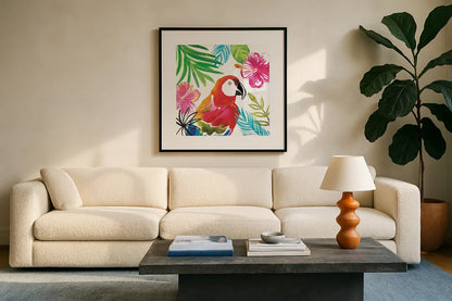 Tropicana III by Farida Zaman. Displayed in a glass frame with matte in a clean modern living room. Available as an archival giclee rolled canvas, fine art paper, or poster print. SKU 35962a.