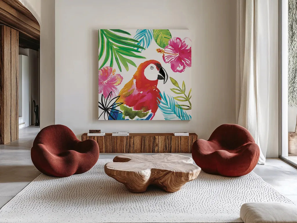 Tropicana III by Farida Zaman. Shown as extra-large giant wall art in a modern living room. Available as an archival giclee rolled canvas, fine art paper, or poster print. SKU 35962a.