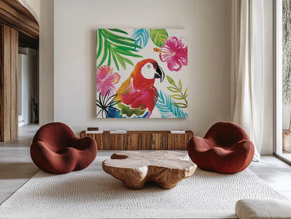 Tropicana III by Farida Zaman. Shown as extra-large giant wall art in a modern living room. Available as an archival giclee rolled canvas, fine art paper, or poster print. SKU 35962a.