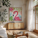 Tropicana IV by Farida Zaman. Shown in a natural wood frame in a cozy modern living room. Available as an archival giclee rolled canvas, fine art paper, or poster print. SKU 35963a.