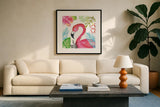 Tropicana IV by Farida Zaman. Displayed in a glass frame with matte in a clean modern living room. Available as an archival giclee rolled canvas, fine art paper, or poster print. SKU 35963a.