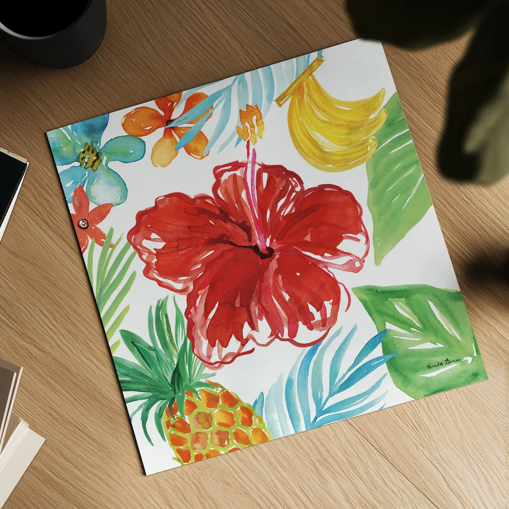 Tropicana V by Farida Zaman. Shown as a detailed flat fine art print, highlighting archival giclee quality. Available as an archival giclee rolled canvas, fine art paper, or poster print. SKU 35964a.