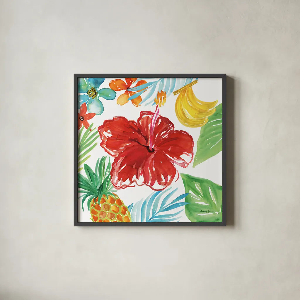 Tropicana V by Farida Zaman. Shown in a sleek black glass frame for a contemporary gallery look. Available as an archival giclee rolled canvas, fine art paper, or poster print. SKU 35964a.