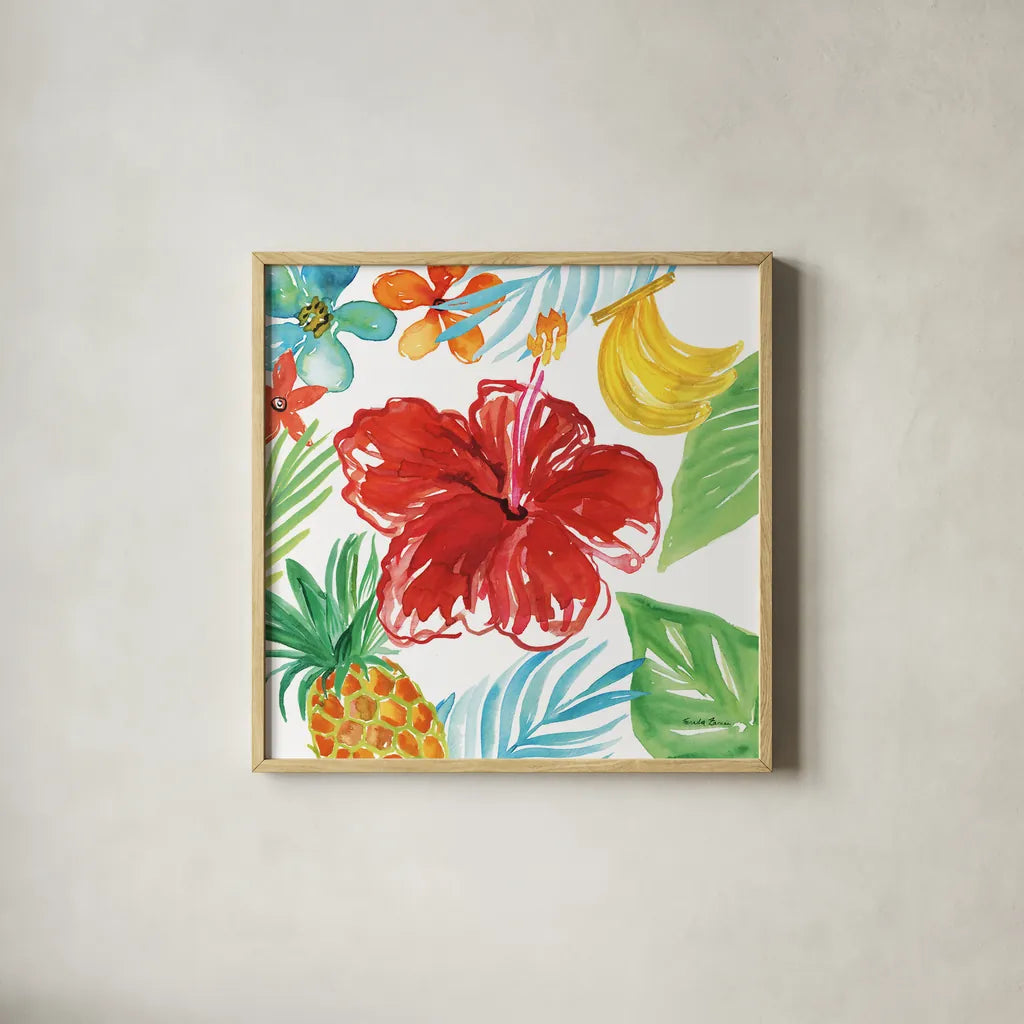 Tropicana V by Farida Zaman. Shown in a natural wood glass frame for a timeless modern aesthetic. Available as an archival giclee rolled canvas, fine art paper, or poster print. SKU 35964a.