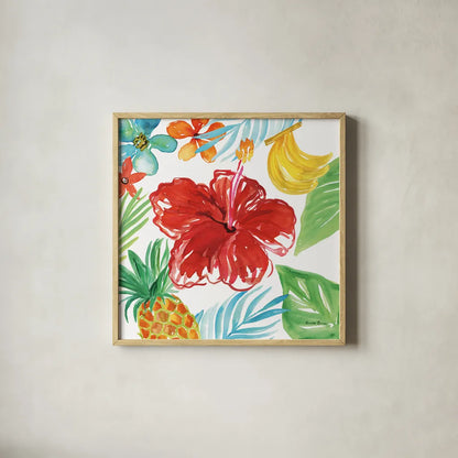 Tropicana V by Farida Zaman. Shown in a natural wood glass frame for a timeless modern aesthetic. Available as an archival giclee rolled canvas, fine art paper, or poster print. SKU 35964a.