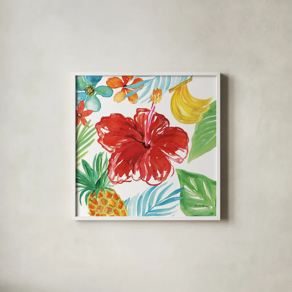 Tropicana V by Farida Zaman. Shown in a crisp white glass frame for a clean and minimalist style. Available as an archival giclee rolled canvas, fine art paper, or poster print. SKU 35964a.