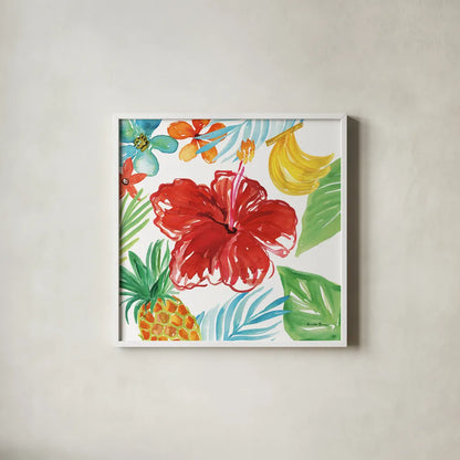 Tropicana V by Farida Zaman. Shown in a crisp white glass frame for a clean and minimalist style. Available as an archival giclee rolled canvas, fine art paper, or poster print. SKU 35964a.