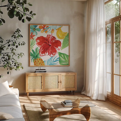Tropicana V by Farida Zaman. Shown in a natural wood frame in a cozy modern living room. Available as an archival giclee rolled canvas, fine art paper, or poster print. SKU 35964a.