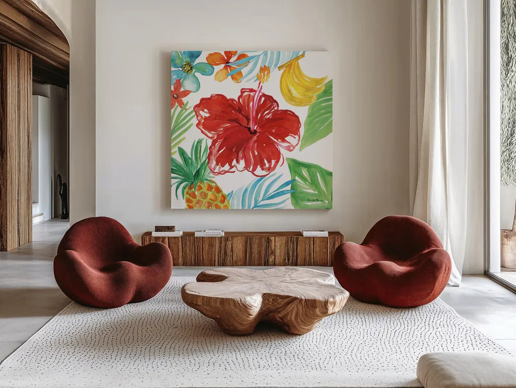 Tropicana V by Farida Zaman. Shown as extra-large giant wall art in a modern living room. Available as an archival giclee rolled canvas, fine art paper, or poster print. SKU 35964a.