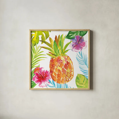 Tropicana VI by Farida Zaman. Shown in a natural wood glass frame for a timeless modern aesthetic. Available as an archival giclee rolled canvas, fine art paper, or poster print. SKU 35965a.