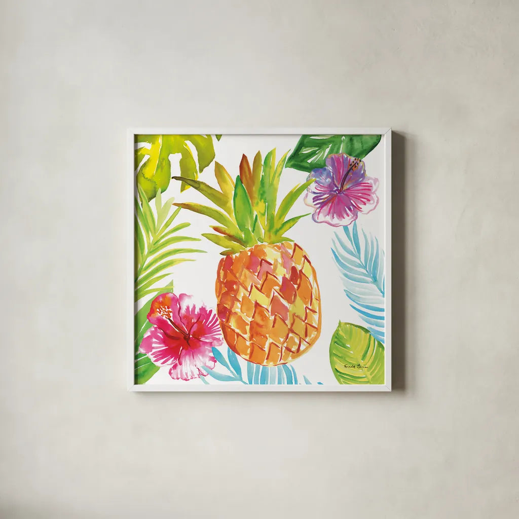 Tropicana VI by Farida Zaman. Shown in a crisp white glass frame for a clean and minimalist style. Available as an archival giclee rolled canvas, fine art paper, or poster print. SKU 35965a.