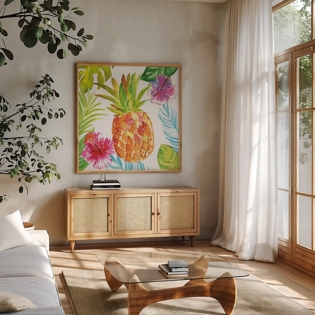Tropicana VI by Farida Zaman. Shown in a natural wood frame in a cozy modern living room. Available as an archival giclee rolled canvas, fine art paper, or poster print. SKU 35965a.