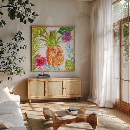 Tropicana VI by Farida Zaman. Shown in a natural wood frame in a cozy modern living room. Available as an archival giclee rolled canvas, fine art paper, or poster print. SKU 35965a.