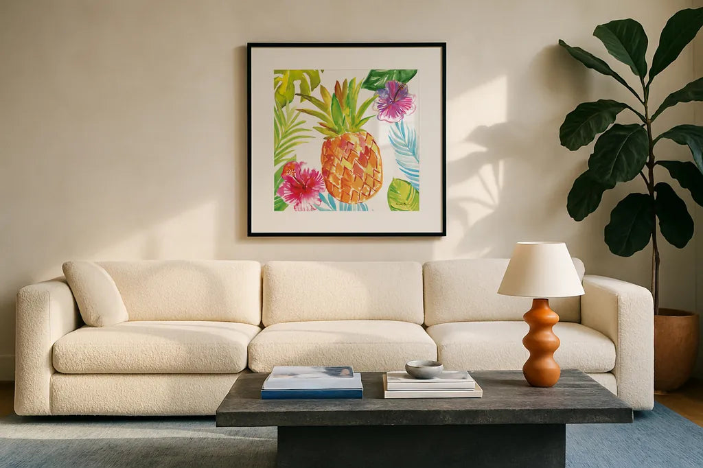 Tropicana VI by Farida Zaman. Displayed in a glass frame with matte in a clean modern living room. Available as an archival giclee rolled canvas, fine art paper, or poster print. SKU 35965a.