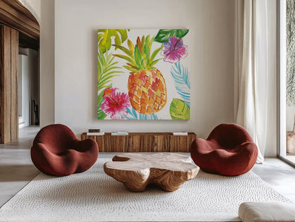 Tropicana VI by Farida Zaman. Shown as extra-large giant wall art in a modern living room. Available as an archival giclee rolled canvas, fine art paper, or poster print. SKU 35965a.