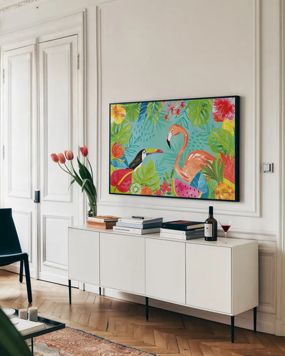 Tutti Frutti III by Farida Zaman. shown as a framed stretched canvas in a living room above a console. Available as a archival giclee rolled canvas, fine art paper, or poster print. SKU 52028i.