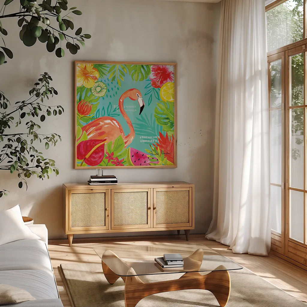 Tutti Frutti IV by Farida Zaman. Shown in a natural wood frame in a cozy modern living room. Available as an archival giclee rolled canvas, fine art paper, or poster print. SKU 52029a.