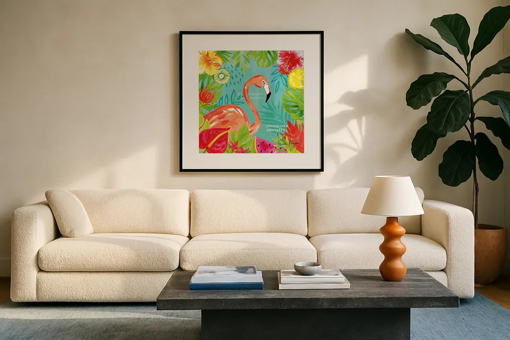 Tutti Frutti IV by Farida Zaman. Displayed in a glass frame with matte in a clean modern living room. Available as an archival giclee rolled canvas, fine art paper, or poster print. SKU 52029a.