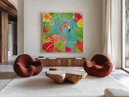 Tutti Frutti IV by Farida Zaman. Shown as extra-large giant wall art in a modern living room. Available as an archival giclee rolled canvas, fine art paper, or poster print. SKU 52029a.