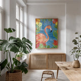 Tutti Frutti IV v2 by Farida Zaman. shown as a print in a natural wood frame in a dining room. Available as a archival giclee rolled canvas, fine art paper, or poster print. SKU 54243h.