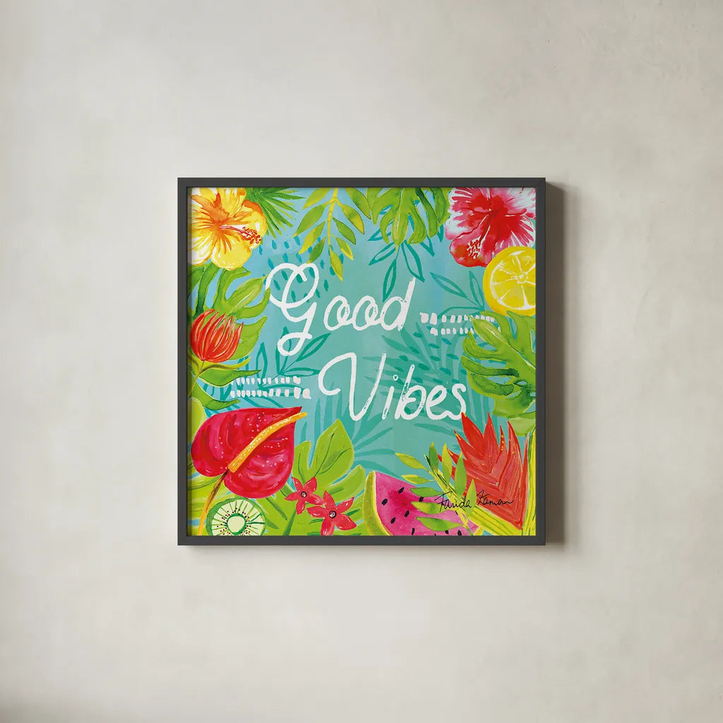 Tutti Frutti IX by Farida Zaman. Shown in a sleek black glass frame for a contemporary gallery look. Available as an archival giclee rolled canvas, fine art paper, or poster print. SKU 52034a.