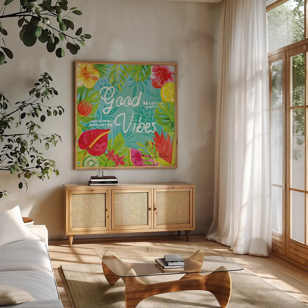 Tutti Frutti IX by Farida Zaman. Shown in a natural wood frame in a cozy modern living room. Available as an archival giclee rolled canvas, fine art paper, or poster print. SKU 52034a.