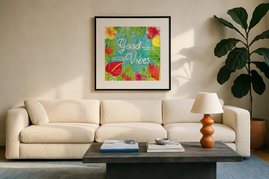 Tutti Frutti IX by Farida Zaman. Displayed in a glass frame with matte in a clean modern living room. Available as an archival giclee rolled canvas, fine art paper, or poster print. SKU 52034a.