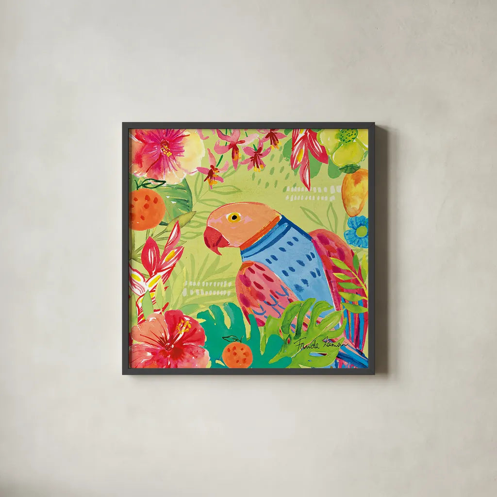 Tutti Frutti V by Farida Zaman. Shown in a sleek black glass frame for a contemporary gallery look. Available as an archival giclee rolled canvas, fine art paper, or poster print. SKU 52030a.
