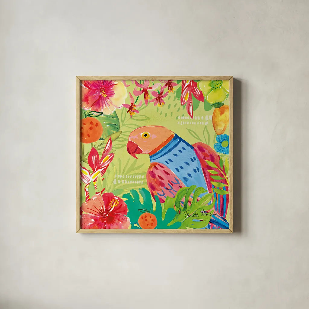 Tutti Frutti V by Farida Zaman. Shown in a natural wood glass frame for a timeless modern aesthetic. Available as an archival giclee rolled canvas, fine art paper, or poster print. SKU 52030a.