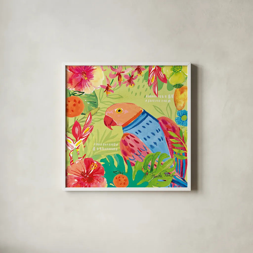 Tutti Frutti V by Farida Zaman. Shown in a crisp white glass frame for a clean and minimalist style. Available as an archival giclee rolled canvas, fine art paper, or poster print. SKU 52030a.