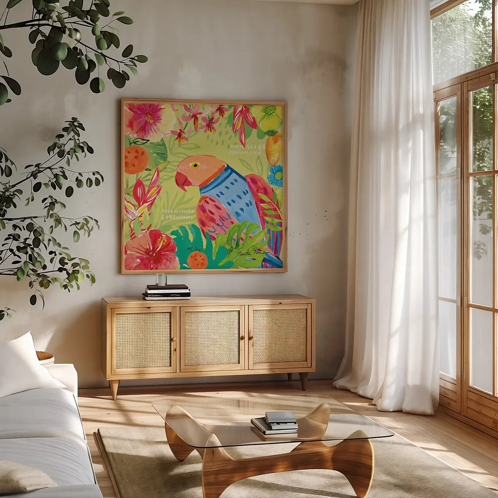 Tutti Frutti V by Farida Zaman. Shown in a natural wood frame in a cozy modern living room. Available as an archival giclee rolled canvas, fine art paper, or poster print. SKU 52030a.
