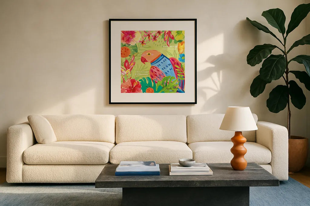 Tutti Frutti V by Farida Zaman. Displayed in a glass frame with matte in a clean modern living room. Available as an archival giclee rolled canvas, fine art paper, or poster print. SKU 52030a.