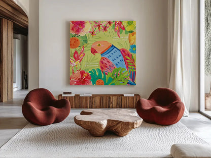 Tutti Frutti V by Farida Zaman. Shown as extra-large giant wall art in a modern living room. Available as an archival giclee rolled canvas, fine art paper, or poster print. SKU 52030a.