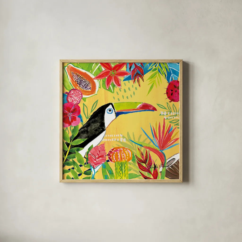 Tutti Frutti VI by Farida Zaman. Shown in a natural wood glass frame for a timeless modern aesthetic. Available as an archival giclee rolled canvas, fine art paper, or poster print. SKU 52031a.