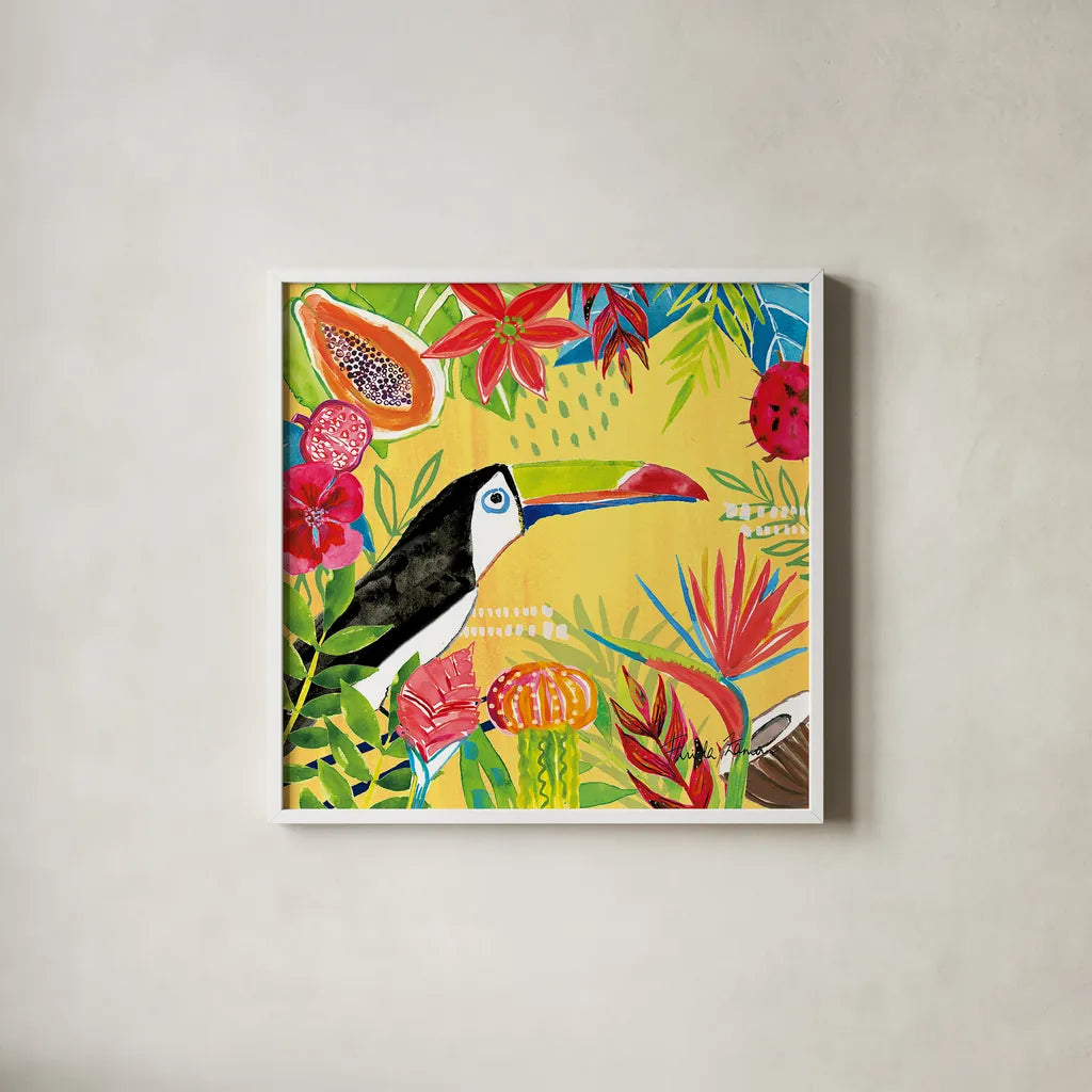 Tutti Frutti VI by Farida Zaman. Shown in a crisp white glass frame for a clean and minimalist style. Available as an archival giclee rolled canvas, fine art paper, or poster print. SKU 52031a.