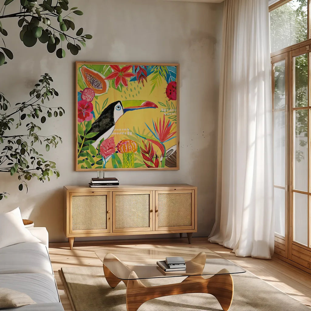 Tutti Frutti VI by Farida Zaman. Shown in a natural wood frame in a cozy modern living room. Available as an archival giclee rolled canvas, fine art paper, or poster print. SKU 52031a.