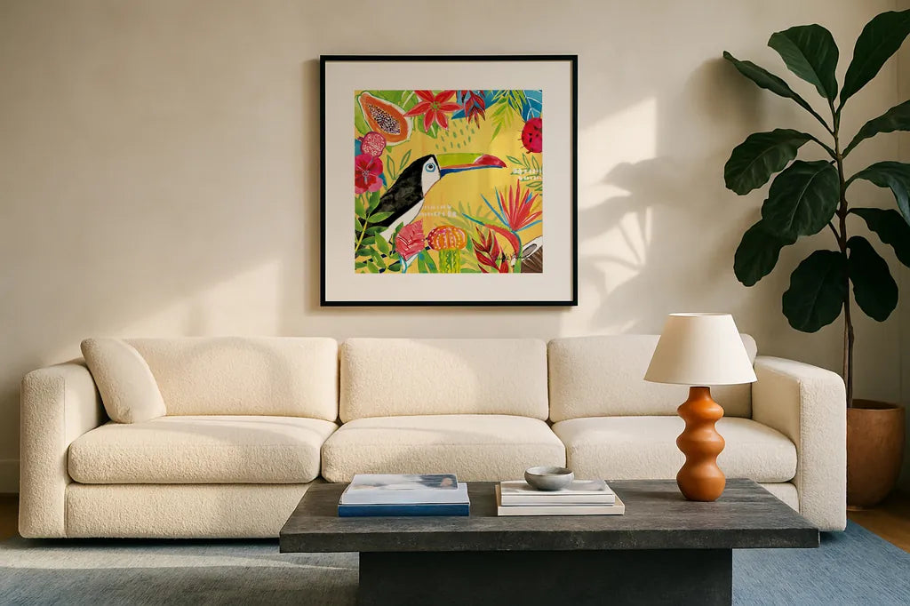 Tutti Frutti VI by Farida Zaman. Displayed in a glass frame with matte in a clean modern living room. Available as an archival giclee rolled canvas, fine art paper, or poster print. SKU 52031a.
