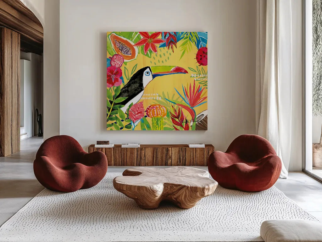 Tutti Frutti VI by Farida Zaman. Shown as extra-large giant wall art in a modern living room. Available as an archival giclee rolled canvas, fine art paper, or poster print. SKU 52031a.