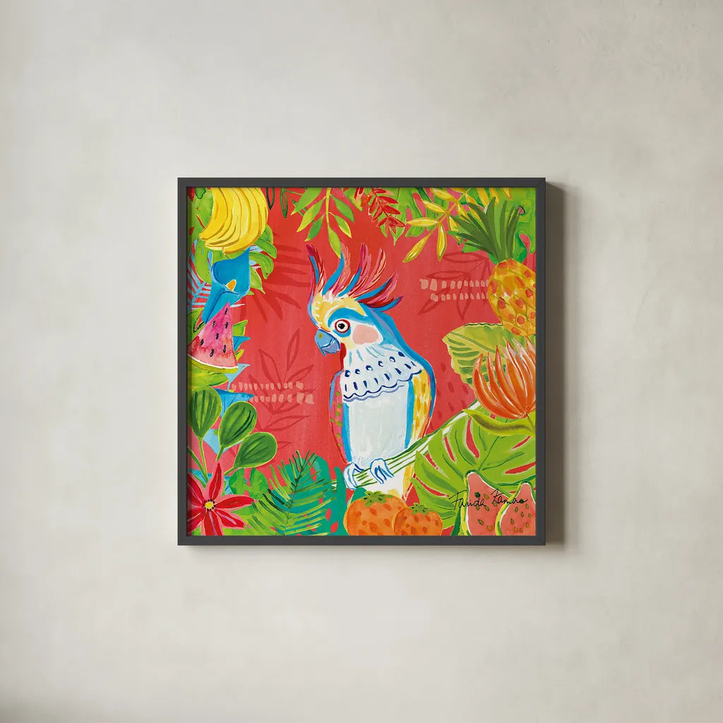 Tutti Frutti VII by Farida Zaman. Shown in a sleek black glass frame for a contemporary gallery look. Available as an archival giclee rolled canvas, fine art paper, or poster print. SKU 52032a.