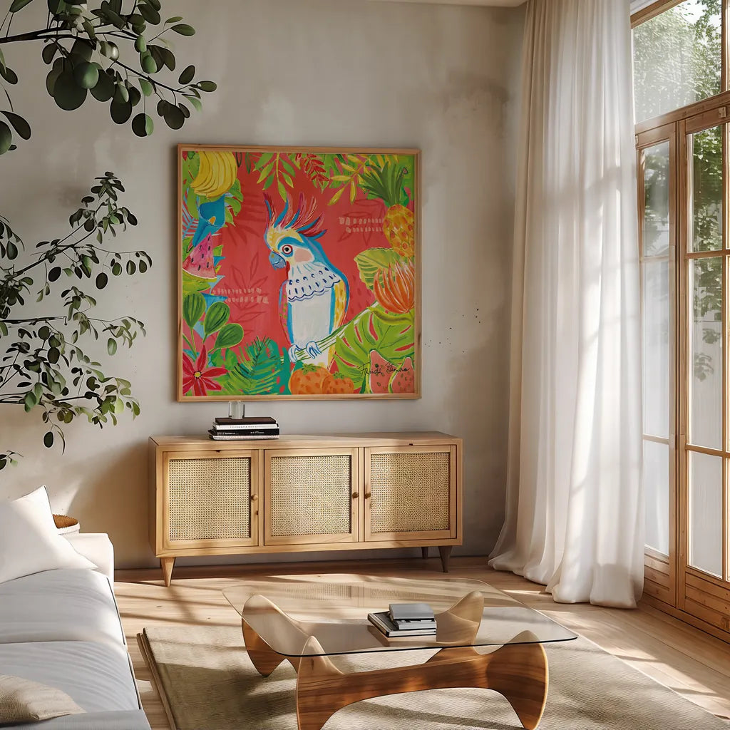 Tutti Frutti VII by Farida Zaman. Shown in a natural wood frame in a cozy modern living room. Available as an archival giclee rolled canvas, fine art paper, or poster print. SKU 52032a.