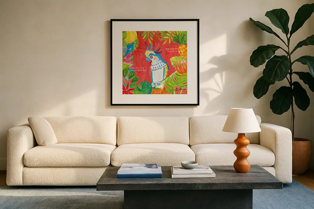 Tutti Frutti VII by Farida Zaman. Displayed in a glass frame with matte in a clean modern living room. Available as an archival giclee rolled canvas, fine art paper, or poster print. SKU 52032a.