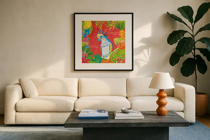 Tutti Frutti VII by Farida Zaman. Displayed in a glass frame with matte in a clean modern living room. Available as an archival giclee rolled canvas, fine art paper, or poster print. SKU 52032a.