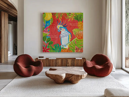 Tutti Frutti VII by Farida Zaman. Shown as extra-large giant wall art in a modern living room. Available as an archival giclee rolled canvas, fine art paper, or poster print. SKU 52032a.
