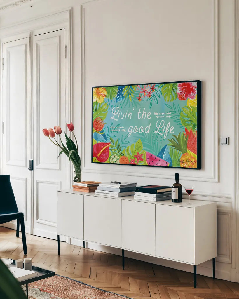 Tutti Frutti VIII by Farida Zaman. shown as a framed stretched canvas in a living room above a console. Available as a archival giclee rolled canvas, fine art paper, or poster print. SKU 52033i.