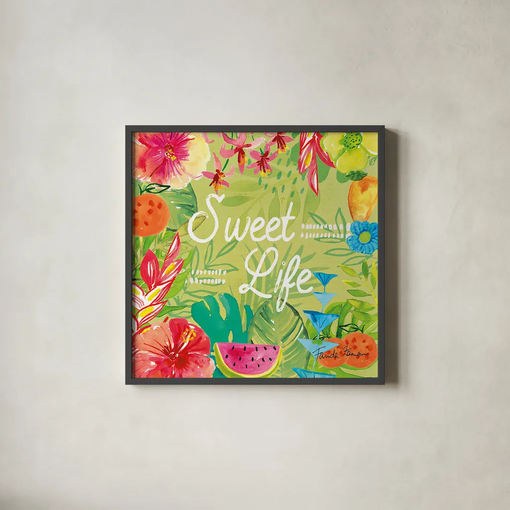 Tutti Frutti X by Farida Zaman. Shown in a sleek black glass frame for a contemporary gallery look. Available as an archival giclee rolled canvas, fine art paper, or poster print. SKU 52035a.