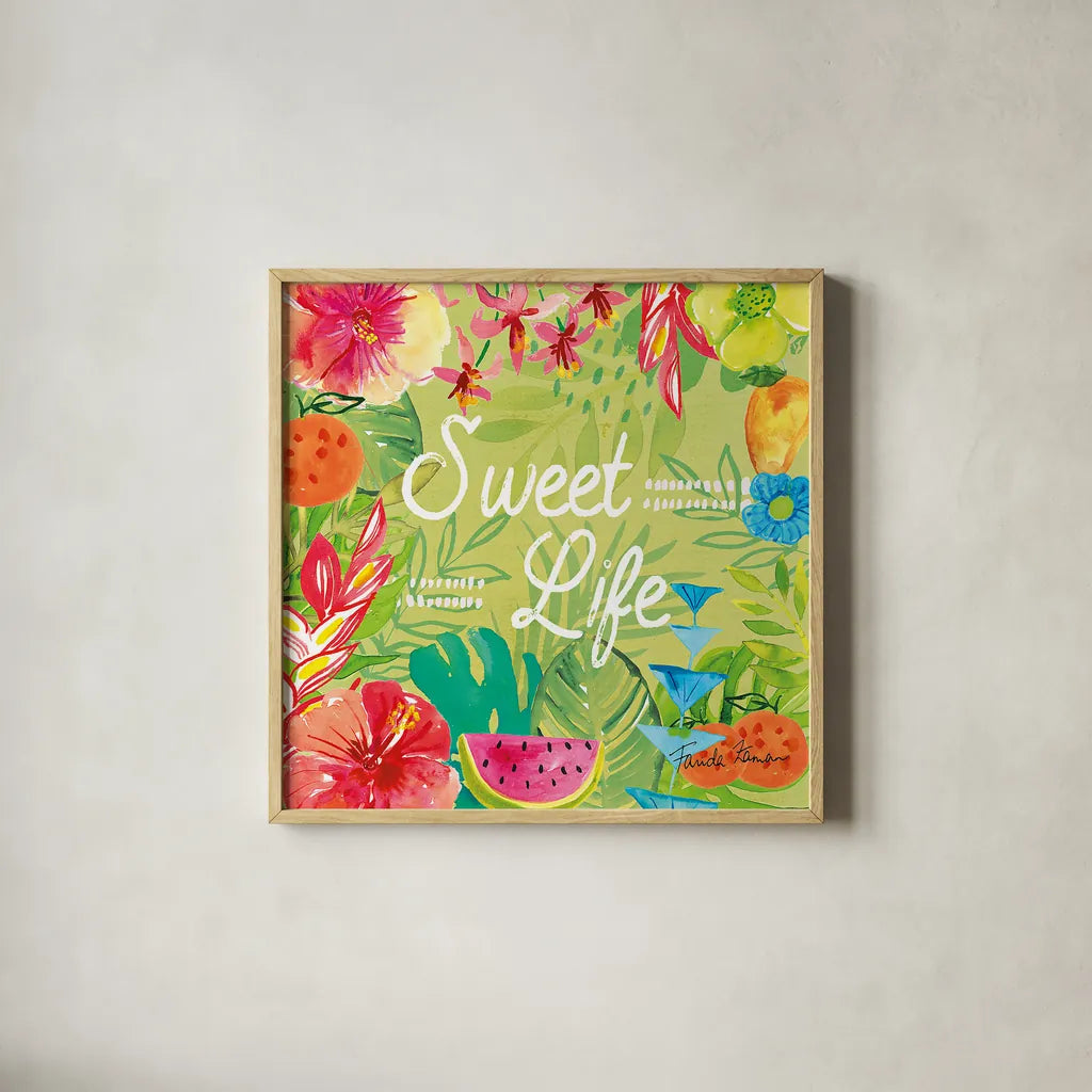 Tutti Frutti X by Farida Zaman. Shown in a natural wood glass frame for a timeless modern aesthetic. Available as an archival giclee rolled canvas, fine art paper, or poster print. SKU 52035a.