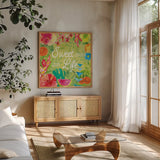 Tutti Frutti X by Farida Zaman. Shown in a natural wood frame in a cozy modern living room. Available as an archival giclee rolled canvas, fine art paper, or poster print. SKU 52035a.