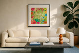Tutti Frutti X by Farida Zaman. Displayed in a glass frame with matte in a clean modern living room. Available as an archival giclee rolled canvas, fine art paper, or poster print. SKU 52035a.
