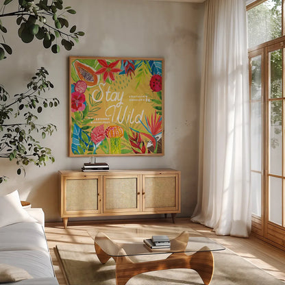 Tutti Frutti XI by Farida Zaman. Shown in a natural wood frame in a cozy modern living room. Available as an archival giclee rolled canvas, fine art paper, or poster print. SKU 52036a.