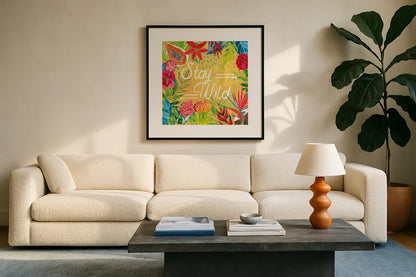 Tutti Frutti XI by Farida Zaman. Displayed in a glass frame with matte in a clean modern living room. Available as an archival giclee rolled canvas, fine art paper, or poster print. SKU 52036a.